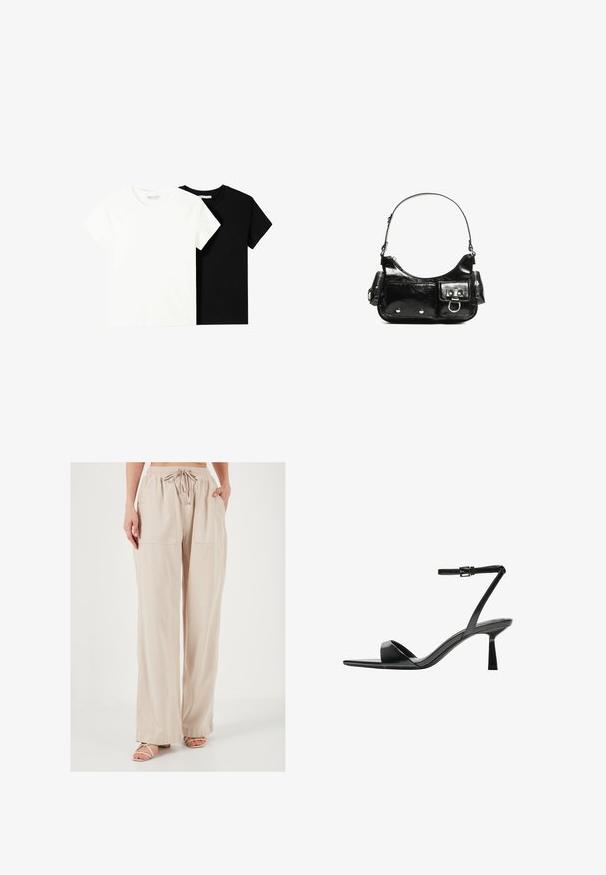 Kaksi lyhythihaista t-paitaa, yksi valkoinen ja yksi musta, valmistettu puuvillasta. Molemmissa on pyöreä kaula-aukko ja yksinkertainen, klassinen muotoilu.; Beige leveälahkeiset housut, jotka on valmistettu kevyestä kankaasta ja joissa on joustava vyötärö ja nyöri. Varustettu kahdella suurella etutaskulla.; Bershka Korolliset sandaalit - black; Mustekko mustasta kiiltonahasta valmistettu käsilaukku, jossa on kaareva muoto, yksi olkahihna, etutaskut ja hopeanväriset yksityiskohdat.