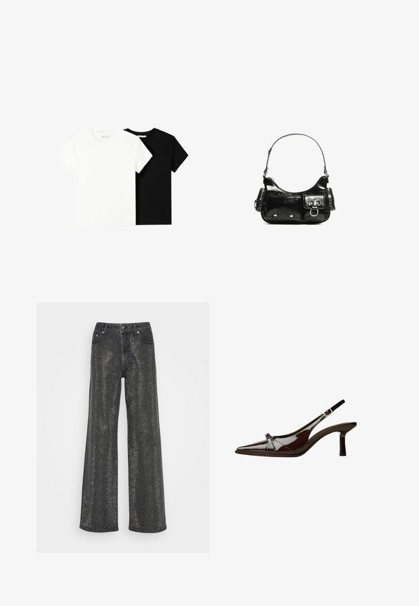 Zwei kurzärmelige T-Shirts, eines weiß und eines schwarz, aus Baumwolle. Beide haben einen runden Halsausschnitt und ein einfaches, klassisches Design.; Schwarze Denim-Weitleg-Jeans mit einem metallischen gepunkteten Muster, im fünf-Taschen-Design und einem Knopfverschluss mit sichtbaren Nähten.; Braune Lackleder-Slingback-Schuhe mit spitzem Zehenbereich, niedrigem Absatz und einer dekorativen Schleifenakzent an der Vorderseite. Glatte, glänzende Textur.; Schwarze Lackleder-Handtasche mit geschwungenem Design, einem Schulterriemen, Vordertaschen und silberfarbenen Hardware-Akzenten.