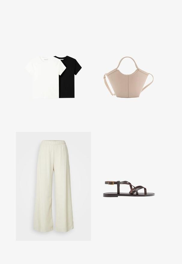 To korte ærmel t-shirts, en hvid og en sort, lavet af bomuld. Begge har en rund halsudskæring og et enkelt, klassisk design.; Bredde bukser i et tekstureret, cremet stof. Har et elastisk talje og en luftig silhuet. Velegnet til afslappet brug.; Brune lædersandal med krydsende stropper, ankelspænde og en flad sål med minimale syninger.; Lysebrun læderhåndtaske med en unik form, featuring to korte håndtag og et langt justerbart rem. Glat tekstur med minimal hardware.