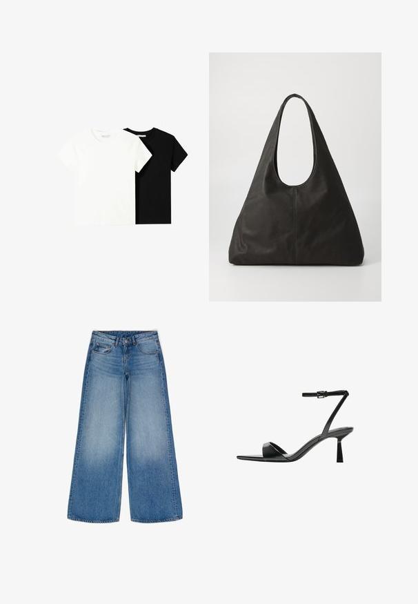 Dvě trička s krátkým rukávem, jedno bílé a jedno černé, vyrobené z bavlny. Obě mají kulatý výstřih a jednoduchý, klasický design.; Široké modré džínové kalhoty s vybledlým vzhledem. Mají pevné kapsy, vysoký pas a klasické zapínání na knoflík a zip.; Bershka Sandály na vysokém podpatku - black; Černá kožená taška přes rameno s zakřiveným držadlem, prodlouženým trojúhelníkovým tvarem a hladkým povrchem. Disponuje minimalistickým designem bez viditelného kování.