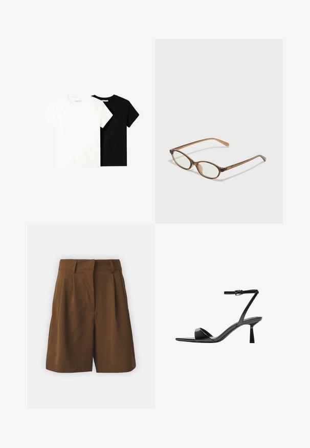 Dvě trička s krátkým rukávem, jedno bílé a jedno černé, vyrobené z bavlny. Obě mají kulatý výstřih a jednoduchý, klasický design.; VILA VIEMLA - Šortky - dachshund; Bershka Sandály na vysokém podpatku - black; Hnědé želvovinové brýle s oválnými skly, tenkými bočními nohami a průhlednými akcenty. Obsahují decentní logo na stranu. Elegantní, lehký design.