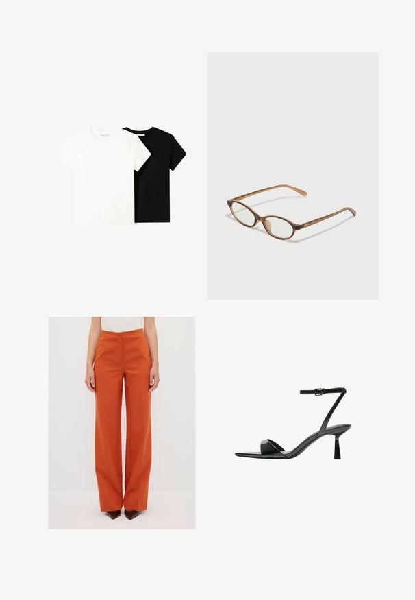 Twee t-shirts met korte mouwen, één wit en één zwart, gemaakt van katoen. Beide hebben een ronde halslijn en een eenvoudig, klassiek ontwerp.; Wijdvallende broek in een levendige oranje kleur, met een gladde textuur, hoge taille en voornaad, gecombineerd met puntige hakken.; Bershka Sandalen met hoge hak - black; Bruine schildpadbril met ovale lenzen, dunne armen en transparante accenten. Heeft een subtiele logo op de tempel. Strak, lichtgewicht ontwerp.; Bruine leren tote bag met een gladde textuur, een ontwerp met een open bovenkant en twee schouderbanden. Kenmerkt zich door minimale stiksels en geen zichtbare hardware.