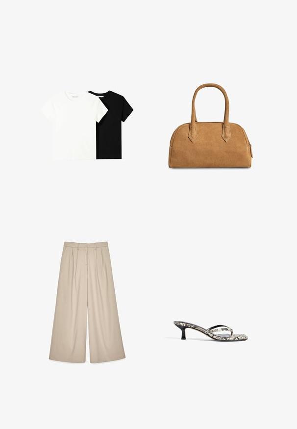 Twee t-shirts met korte mouwen, één wit en één zwart, gemaakt van katoen. Beide hebben een ronde halslijn en een eenvoudig, klassiek ontwerp.; Beige wijde broek met een hoge taille, voorzien van voorplooien en een soepele textuur. Ontworpen voor een relaxed fit met een verfijnde uitstraling.; Zwart-witte slangenprint open teen muiltjes met twee slanke banden en een lage, rechthoekige hak. Gladde textuur met glanzende accenten.; Tan leren handtas met een gestructureerde vorm, voorzien van twee handgrepen, driehoekige uitsparingen en een rits aan de bovenkant voor sluiting.