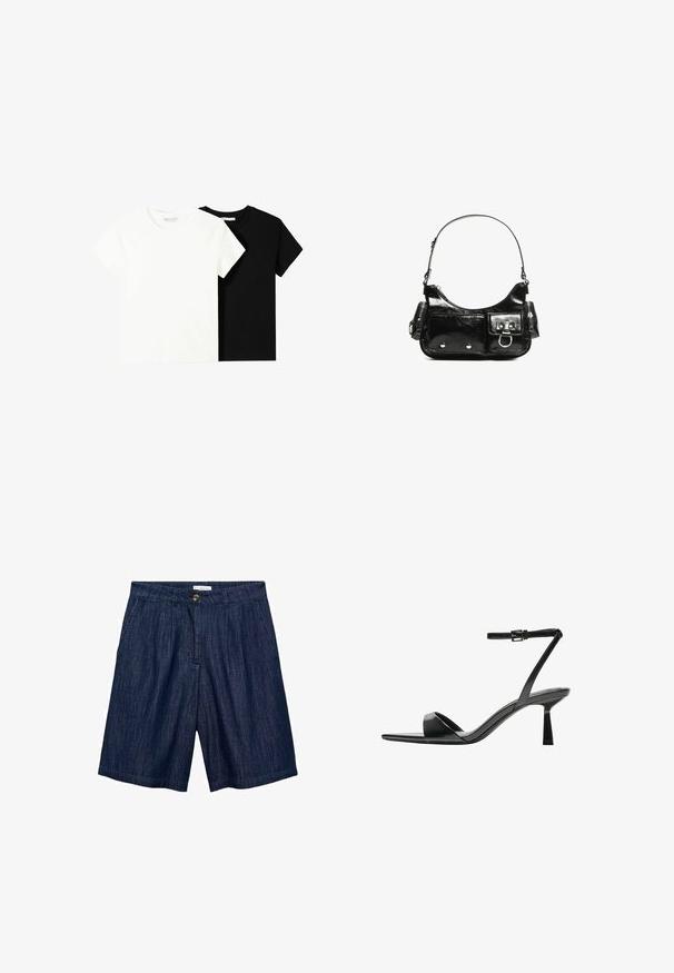 Zwei kurzärmelige T-Shirts, eines weiß und eines schwarz, aus Baumwolle. Beide haben einen runden Halsausschnitt und ein einfaches, klassisches Design.; Dunkelblaue Jeansshorts mit geradem Schnitt, Vorderfalten, Knopfverschluss und zwei Seitentaschen. Glatte Textur mit dezenten Nähten.; Bershka High Heel Sandalette - black; Schwarze Lackleder-Handtasche mit geschwungenem Design, einem Schulterriemen, Vordertaschen und silberfarbenen Hardware-Akzenten.