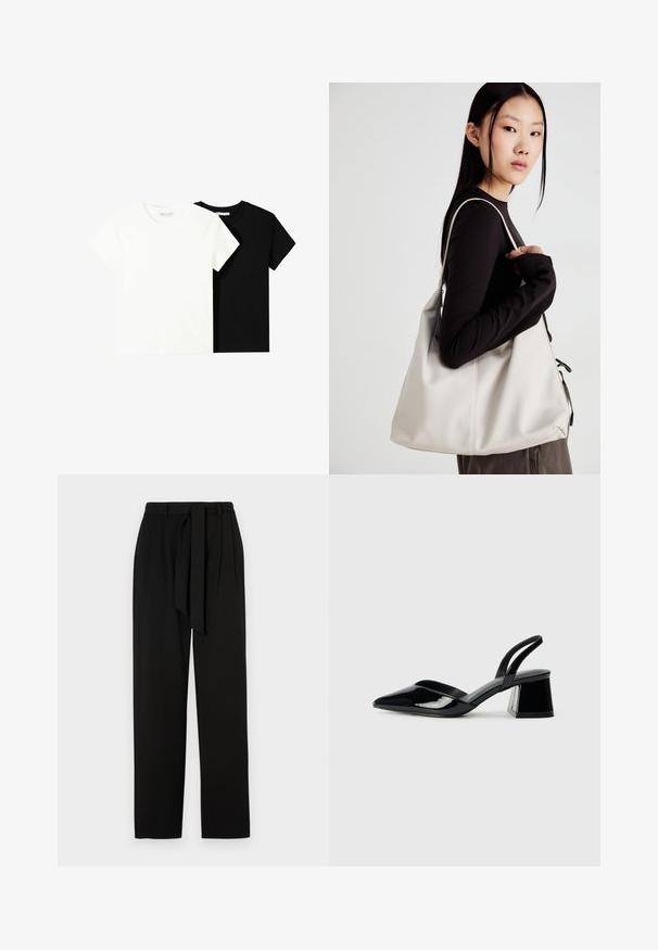 Two short-sleeve t-shirts, one white and one black, made of cotton. Both feature a round neckline and a simple, classic design.; Black trousers with a high waist, side pleats, and a fabric belt. Made of a smooth material with straight, full-length legs.; Black patent leather slingback heels with a pointed toe and a geometric block heel. Features a sleek, minimal design and smooth texture.; Beige handbag made of soft material, featuring a slouchy design, stitched detailing, and two shoulder straps. Suitable for everyday use.
