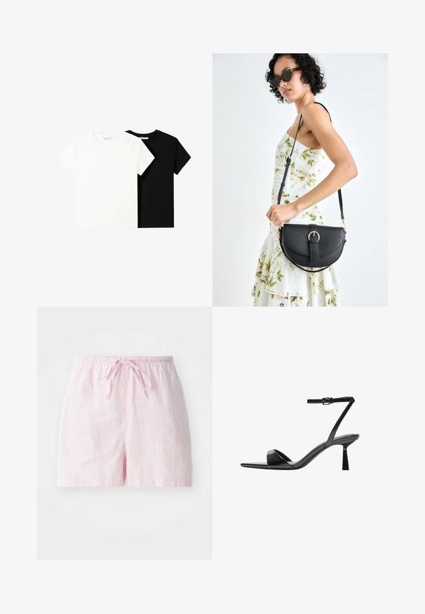 Dve tričko s krátkym rukávom, jedno biele a jedno čierne, vyrobené z bavlny. Obe majú okrúhly výstrih a jednoduchý, klasický dizajn.; Ružové ľanové šortky s pásom na sťahovanie, charakterizované uvoľneným strihom a hladkou textúrou. Bez vreciek alebo viditeľných zapínaní.; Bershka Sandále na vysokom opätku - black; Čierna kožená kabelka s zaobleným tvarom, odnímateľným popruhom a zlatými doplnkami. Kabelka má klopu s detailom s prackou.