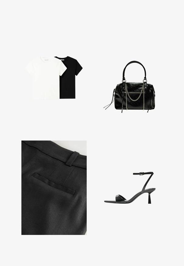 Kaksi lyhythihaista t-paitaa, yksi valkoinen ja yksi musta, valmistettu puuvillasta. Molemmissa on pyöreä kaula-aukko ja yksinkertainen, klassinen muotoilu.; Next RICH TAILORED JORT - Shortsit - black; Bershka Korolliset sandaalit - black; Bershka WITH CHAIN - Käsilaukku - black