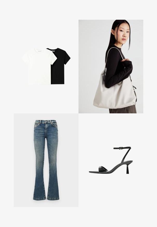 Kaksi lyhythihaista t-paitaa, yksi valkoinen ja yksi musta, valmistettu puuvillasta. Molemmissa on pyöreä kaula-aukko ja yksinkertainen, klassinen muotoilu.; Leveled blue jeans made of denim, featuring fading, five pockets, a button-up closure, and stitching accents on the waistband.; Bershka Korolliset sandaalit - black; Beige laukku, joka on valmistettu pehmeästä materiaalista, ja siinä on rento muotoilu, ommeltu yksityiskohtia ja kaksi olkahihnaa. Sopii päivittäiseen käyttöön.