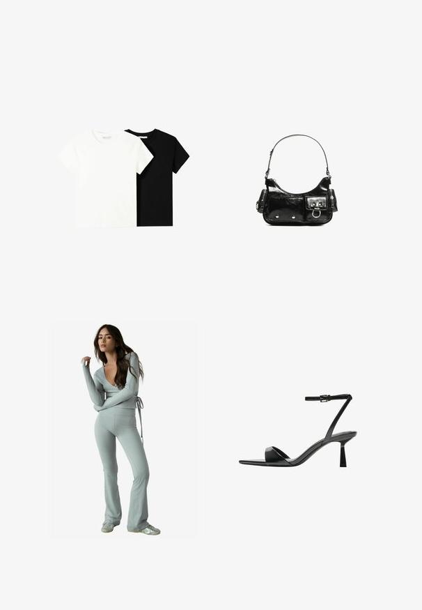 Dwa t-shirty z krótkim rękawem, jeden biały i jeden czarny, wykonane z bawełny. Oba mają okrągły dekolt i prosty, klasyczny design.; Jasnoszara, długosleeve'owa bluzka w stylu wrap z głębokim dekoltem w serek i regulowanym paskiem w talii, połączona z dopasowanymi spodniami w stylu dzwonów z miękkiego, elastycznego materiału.; Bershka - Sandały na obcasie; Czarna torebka z lakierowanej skóry o zaokrąglonym kształcie, z jednym paskiem na ramię, przednimi kieszeniami i akcentami w kolorze srebrnym.