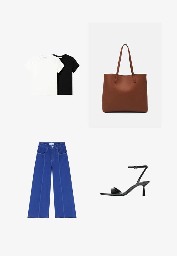 Zwei kurzärmelige T-Shirts, eines weiß und eines schwarz, aus Baumwolle. Beide haben einen runden Halsausschnitt und ein einfaches, klassisches Design.; Scalpers STITCHING - Flared Jeans - blue; Bershka High Heel Sandalette - black; Braune Leder-Tote mit glatter Textur, offenem Oberteil und zwei Schulterriemen. Verfügt über minimale Nähte und keine sichtbaren Beschläge.