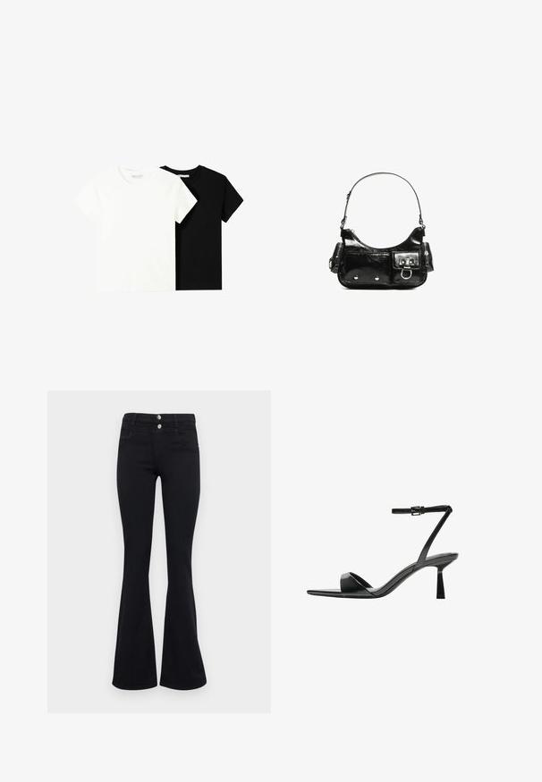 Două tricouri cu mânecă scurtă, unul alb și unul negru, fabricate din bumbac. Ambele au un guler rotund și un design simplu, clasic.; ONLY ONLRAIN FLARED - Blugi evazați - washed black; Bershka Sandale cu toc - black; Geantă de mână din piele lăcuită neagră, cu o formă curbată, un umăr, buzunare frontale și accente din metal argintiu.