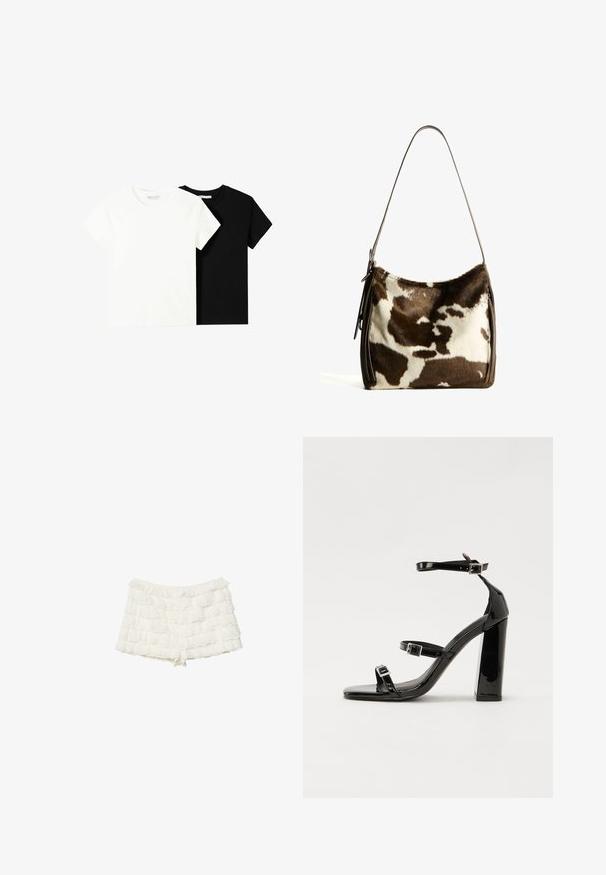 Dvě trička s krátkým rukávem, jedno bílé a jedno černé, vyrobené z bavlny. Obě mají kulatý výstřih a jednoduchý, klasický design.; Stradivarius Šortky - white; Černé lakované sandály na podpatku se čtveratou špičkou, lýtkovými pásky a stříbrnými přezkami. Disponují masivním blokovým podpatkem pro stabilitu.; Hnědá a krémová kravská kůže ramenní taška s hladkým koženým popruhem, zipovým uzavřením a jemným, texturovaným povrchem s přírodním vzorem.