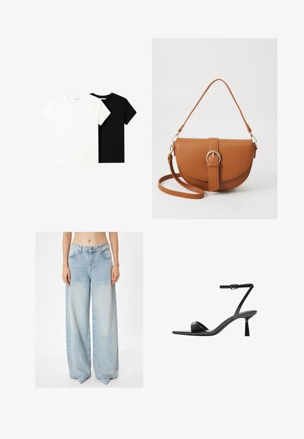Kaksi lyhythihaista t-paitaa, yksi valkoinen ja yksi musta, valmistettu puuvillasta. Molemmissa on pyöreä kaula-aukko ja yksinkertainen, klassinen muotoilu.; Vaaleansiniset leveälahkeiset farkut, joissa on korkea vyötärö, viisi taskua, hienovarainen haalistuminen ja nappisuljenta.; Bershka Korolliset sandaalit - black; Ruskean nahkainen olkalaukku, jossa on kaareva muoto, kultaiset yksityiskohdat ja solkiyksityiskohta. Varustettu irrotettavalla olkahihnalla.