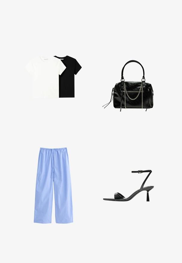 Twee t-shirts met korte mouwen, één wit en één zwart, gemaakt van katoen. Beide hebben een ronde halslijn en een eenvoudig, klassiek ontwerp.; Lichtblauwe, wijde broek gemaakt van een zachte stof met verticale witte strepen. Voorzien van een elastische tailleband met een trekkoord voor aanpassing.; Bershka Sandalen met hoge hak - black; Bershka WITH CHAIN - Handtas - black