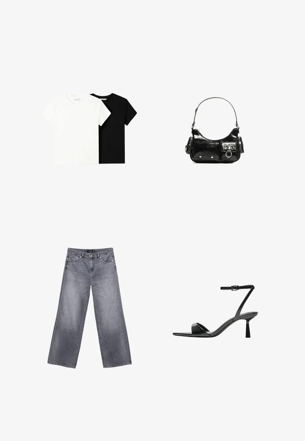 Dvě trička s krátkým rukávem, jedno bílé a jedno černé, vyrobené z bavlny. Obě mají kulatý výstřih a jednoduchý, klasický design.; Široké šedé džíny z denimu s bledým povrchem, zapínání na knoflík a pět kapes. Obsahují dvojitě šité švy a hardware v stříbrné barvě.; Bershka Sandály na vysokém podpatku - black; Černá lakovaná kožená kabelka s křivkovým tvarem, jedním ramenním popruhem, předními kapsami a stříbrnými kovovými detaily.