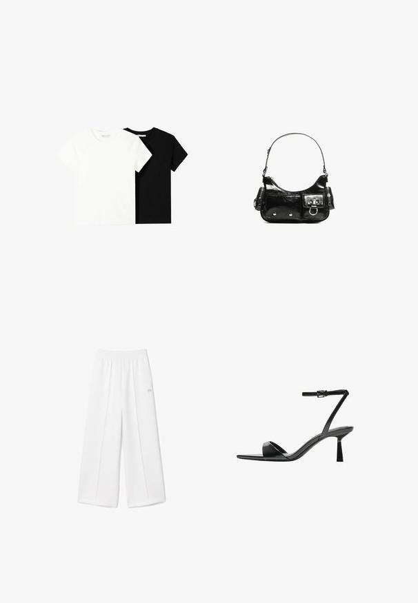 Due magliette a maniche corte, una bianca e una nera, realizzate in cotone. Entrambe presentano un colletto rotondo e un design semplice e classico.; Pantaloni bianchi a gamba larga con elastico in vita, morbida texture del tessuto, pieghe centrali e un piccolo logo Lacoste ricamato sul lato.; Bershka Sandali con tacco - black; Borsa a spalla in vernice nera con forma curvata, una tracolla, tasche frontali e dettagli in metallo argentato.