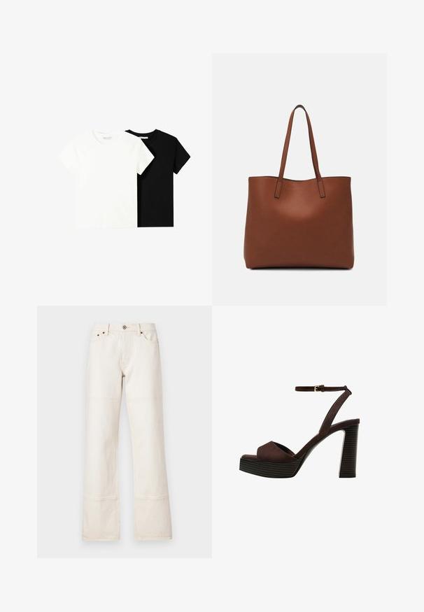 Two short-sleeve t-shirts, one white and one black, made of cotton. Both feature a round neckline and a simple, classic design.; Wide-leg, high-waisted jeans made of beige denim. Features pockets, a front button closure, and contrasting stitching along seams.; Brown suede high-heeled sandal with an open toe, adjustable ankle strap, and a striped platform sole.; Brown leather tote bag with a smooth texture, open top design, and two shoulder straps. Features minimal stitching and no visible hardware.