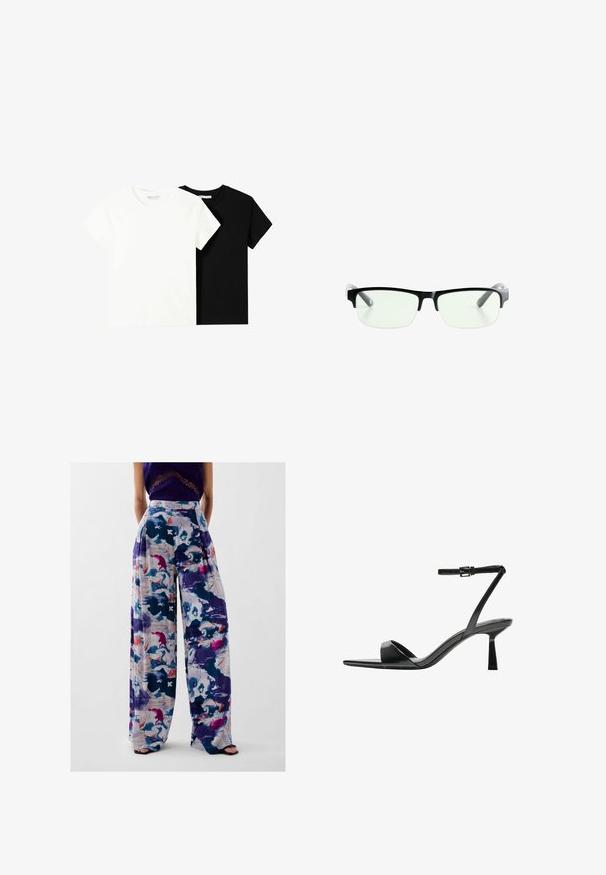 Zwei kurzärmelige T-Shirts, eines weiß und eines schwarz, aus Baumwolle. Beide haben einen runden Halsausschnitt und ein einfaches, klassisches Design.; Hochtaillierte, weit geschnittene Hosen mit einem bunten abstrakten Muster in verschiedenen Tönen von Lila, Blau, Rosa und Weiß sowie einem plissierten Design.; Bershka High Heel Sandalette - black; Schwarze rechteckige Brille mit klaren Gläsern, ausgestattet mit schlanken schwarzen Rahmen und grauen transparenten Bügelspitzen. Minimalistisches Design, keine sichtbare Markenkennzeichnung.