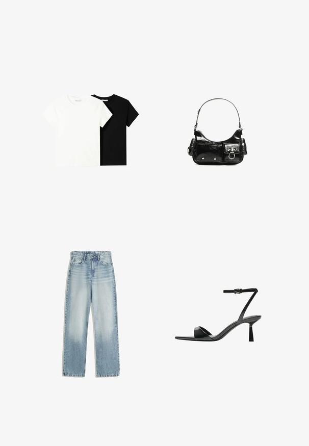Two short-sleeve t-shirts, one white and one black, made of cotton. Both feature a round neckline and a simple, classic design.; Light blue denim jeans, high-waisted, with a straight-leg design. Features classic five-pocket styling and subtle fading on the front.; Bershka High heeled sandals - black; Black patent leather handbag with a curved shape, one shoulder strap, front pockets, and silver-tone hardware accents.