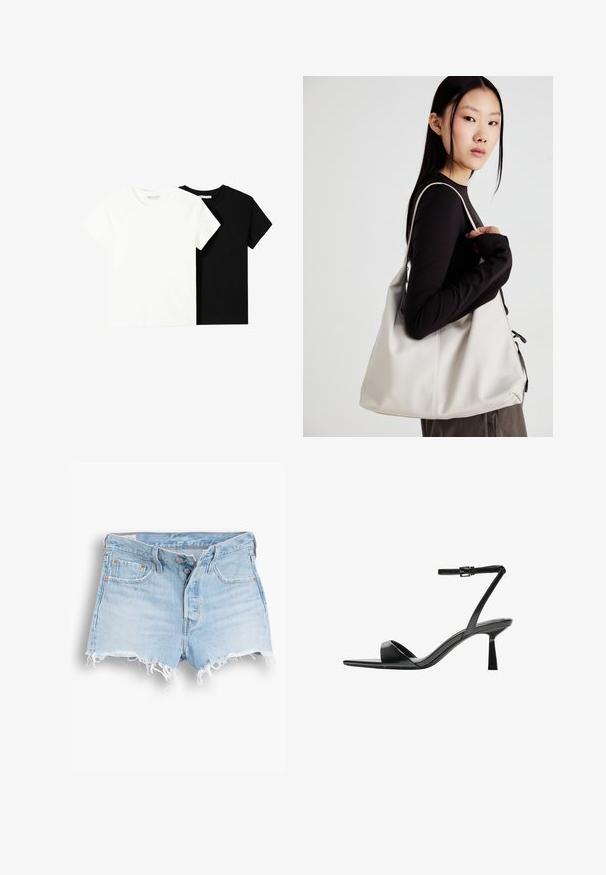 Due magliette a maniche corte, una bianca e una nera, realizzate in cotone. Entrambe presentano un colletto rotondo e un design semplice e classico.; Shorts in denim azzurro chiaro con vita alta, orlo sfrangiato, design a cinque tasche e cuciture a contrasto. Due bottoni sulla chiusura anteriore.; Bershka Sandali con tacco - black; Borsa a mano beige realizzata in materiale morbido, caratterizzata da un design morbido, dettagli cuciti e due manici. Adatta per l'uso quotidiano.