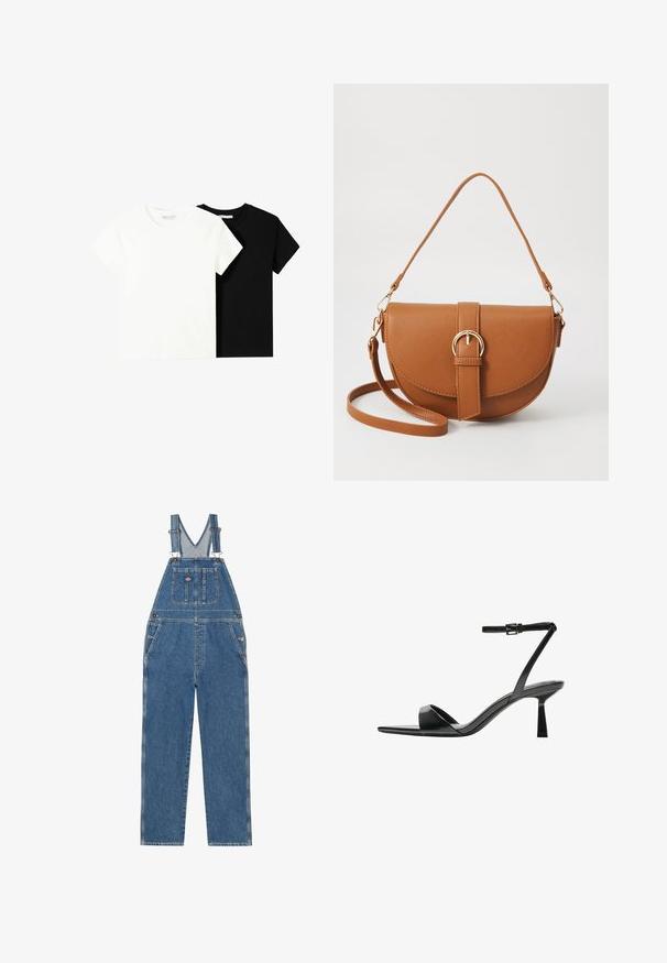 Dve tričko s krátkym rukávom, jedno biele a jedno čierne, vyrobené z bavlny. Obe majú okrúhly výstrih a jednoduchý, klasický dizajn.; Džínové overall s nastaviteľnými popruhmi, V-šitím na prednej časti, predná kapsa a bočné kapsy. Majú klasickú modrú farbu a kontrastné šitie.; Bershka Sandále na vysokom opätku - black; Hnedá kožená kabelka cez telo s zakriveným tvarom, zlatými kovovými doplnkami a akcentom s prackou. Obsahuje odnímateľný ramenný popruh.