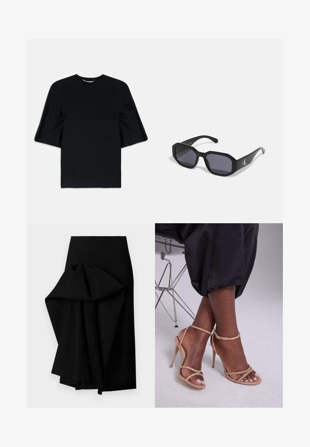 Černý krátký rukáv top s širokými, rozšiřujícími se rukávy a kulatým výstřihem, vystavený na bílém pozadí.; Bílé asymetrické šaty s několika vrstvami volánků kaskádovitě padajícími vpředu a delšími na jedné straně, bez viditelných vzorů.; Černá sukně vyrobená z hladké tkaniny, se zcela přehnutým designem na jedné straně, vytvářející asymetrický lem.; Béžové sandály na podpatku s krystalovými ozdobami, otevřenou špičkou, tenkými pásky a elegantním siluetou.; Černé sluneční brýle s osmistěnným rámem, tmavými skly, lesklým plastovým materiálem a stříbrným logem na jedné straně.