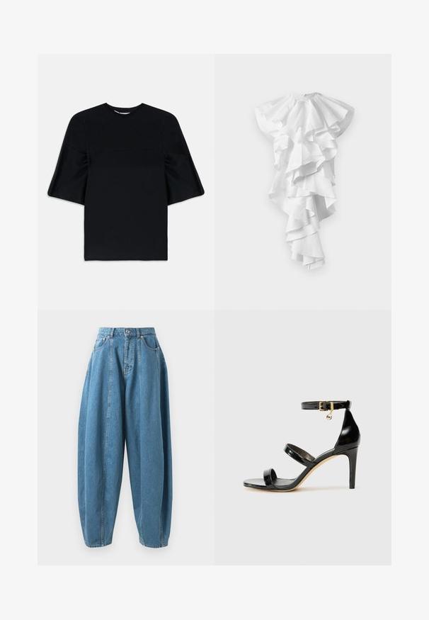 Juodas trumpas rankovėmis palaidinė su plačiomis, išlinkusiomis rankovėmis ir apvalia iškirpte, rodoma ant baltos fono.; Balta asimetriška suknelė su keliomis sluoksniuotomis volanėlėmis, krentančiomis per priekį ir ilgesnėmis vienoje pusėje, be matomų raštų.; Aukštos juosmens, laisvo kirpimo mėlyna džinsų medžiaga su raukšlėmis, priekinėmis kišenėmis, diržo kilputėmis ir saga bei užtrauktuku.; Juodas patentuotas odinis sandalai su trimis diržais, kulkšnies sagtimi ir 4 colių stiletto kulnu. Yra aukso detalės ir logotipo žavesys.