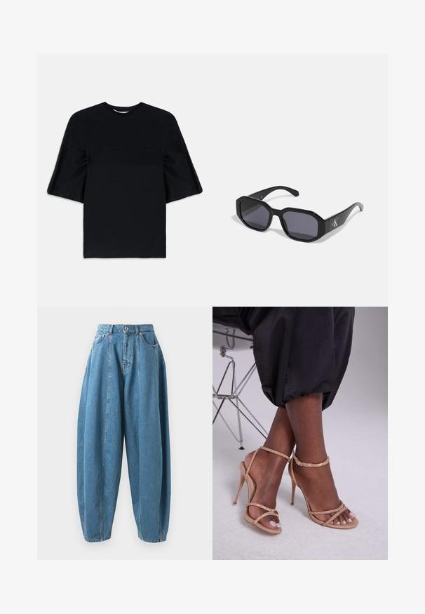 Čierne tričko s krátkym rukávom a širokými, rozšírenými rukávmi, s okrúhlym výstrihom, vystavené na bielom pozadí.; Biely asymetrický šaty s viacerými vrstvami volánov, ktoré padajú vpredu a na jednej strane sú dlhšie, bez viditeľných vzorov.; Džínsy s vysokým pásom, voľného strihu, modrej farby, s skladmi, prednými vreckami, pútkami na opasok a zapínaním na gombík a zips.; Béžové sandále na opätku s kryštálovými ozdobami, s otvorenou špičkou, tenkými popruhmi a elegantným siluetou.; Čierne slnečné okuliare s osemhranným rámom, tmavými šošovkami, lesklým plastovým materiálom a strieborným logom na jednej strane.