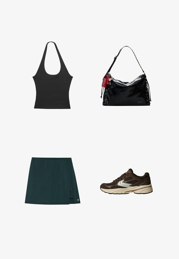 Crna majica bez rukava s okruglim izrezom, izrađena od mekanog materijala. Ima prilagođen oblik i čiste rubove. Bez dodatnih uzoraka ili ukrasa.; Tamnozelena kratka suknja s dizajnom omote, koja ima bočni prorez i suptilni logo akcent blizu rubova. Napravljena od glatkog materijala.; Smeđe atletske cipele s mrežastim panelima, bijelim akcentima, podstavljenom gumenom potplatom i teksturiranim gornjim dijelom od tkanine za prozračnost.; Crna kožna torba s opuštenim dizajnom, vezanjem s bočnih strana i crvenim akcentom. Ima dugačak podesivi remen.
