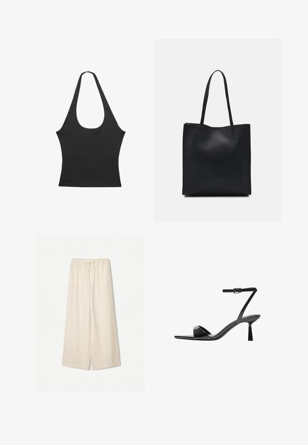 Črna brezrokavnica z okroglo izreza, izdelana iz mehkega blaga. Ima prilegan kroj in čiste robove. Brez dodatnih vzorcev ali akcentov.; Svetlobrž beige široke hlače z vrvico v pasu, ki imajo subtilno teksturo z črtami. Casual dizajn z stranskimi žepi za udobje.; Bershka Sandali z visoko peto - black; Črna usnjena torba s svilnato teksturo, pravokotne oblike in dvema dolgima ročajema. Brez vidnih metalnih delov ali okrasnih elementov.