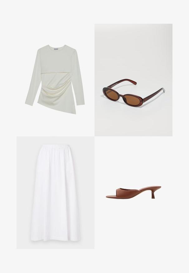 Lange mouw crème top met een ronde halslijn, voorzien van een gelaagd ontwerp en een gathered detail aan de onderkant. Zachte stof met een gladde textuur.; Witte, knielange rok met een elastische tailleband, met een eenvoudig ontwerp en lichte stof, met een gladde, effen textuur.; Bruine open teen hakschoenen met een gladde, matte afwerking, met een gebogen ontwerp en een transparante, taps toelopende hak.; Ronde, bruin getinte zonnebril met een glanzend bordeauxrood frame. Slanke pootjes met subtiele merkdetails. Vlakke lensontwerp.; Bruine leren handtas met dubbele handvatten, gouden hardware accenten en gestructureerd ontwerp. Beschikt over een centrale klep met een lusdetails.