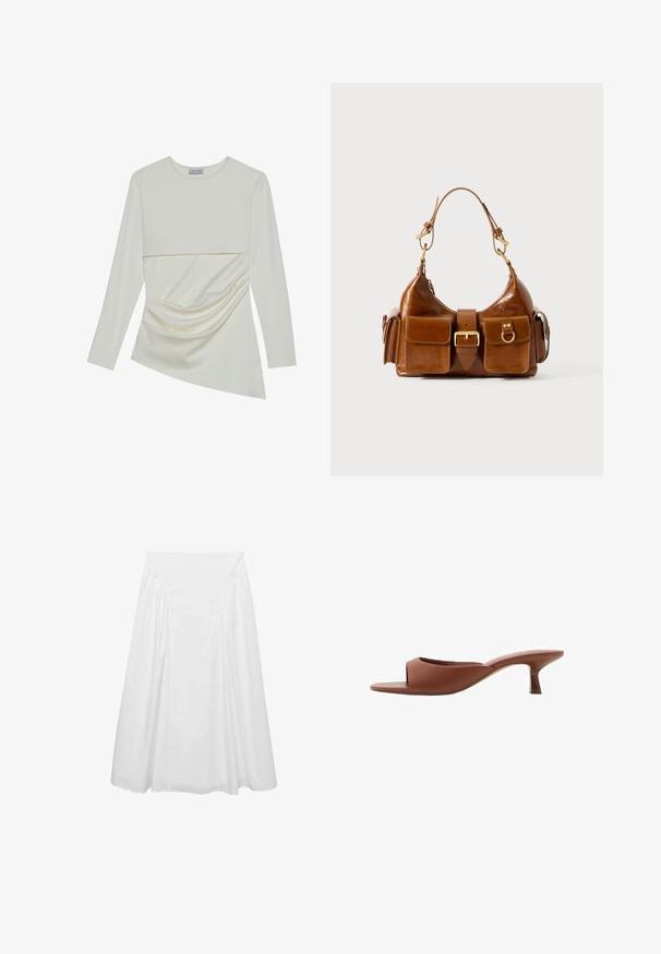 Lange mouw crème top met een ronde halslijn, voorzien van een gelaagd ontwerp en een gathered detail aan de onderkant. Zachte stof met een gladde textuur.; Witte midi-rok van katoen, met een zachte textuur, gerimpelde details aan de zijkanten en een aansluitende tailleband voor een vloeiende silhout.; Bruine open teen hakschoenen met een gladde, matte afwerking, met een gebogen ontwerp en een transparante, taps toelopende hak.; Bruine leren handtas met een gebogen vorm, dubbele gouden hardware, twee voorzakken en een brede schouderband. Soepele textuur met een elegante afwerking.