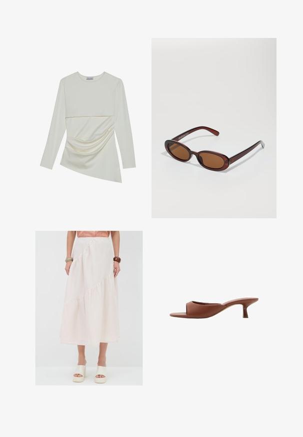 Maglia a maniche lunghe color crema con scollatura rotonda, caratterizzata da un design a strati e dettagli arricciati nella parte inferiore. Tessuto morbido con una trama liscia.; Gonna lunga fino alla caviglia di un rosa chiaro, con strati arricciati e dettagli di cucitura diagonale, realizzata in un tessuto morbido e leggero. Abbinata a scarpe con plateau di colore crema.; Mule con tacco aperto di colore marrone, con una finitura liscia e opaca, caratterizzate da un design curvo e un tacco trasparente e affusolato.; Occhiali da sole rotondi con tonalità marrone, montatura lucida color bordeaux. Aste sottili con un sottile dettaglio del marchio. Design delle lenti piatte.