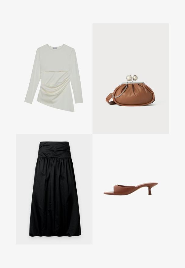 Long-sleeve cream top with a round neckline, featuring a layered design and gathered detail on the lower section. Soft fabric with a smooth texture.; Black, mid-length skirt with a gathered design, made from a smooth material. Features a wide, ruched waistband at the top.; Brown open-toe heeled mules with a smooth, matte finish, featuring a curved design and a transparent, tapered heel.; Brown leather clutch purse with silver ball clasp and a small silver chain detail on a white background.