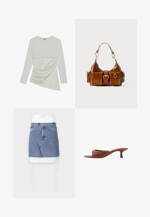 Hladký krémový top s dlhým rukávom a okrúhlym výstrihom, ktorý má vrstvený dizajn a naberanú časť v dolnej časti. Mäkká látka s jemnou textúrou.; Džínová sukňa s modrým telom, bielym perforovaným pásom a šnúrkami na stiahnutie. Obsahuje predné vrecká a rovný strih s nerovným lemom.; Hnedé sandále na vysokom opätku s otvorenou špičkou, s hladkým, matným povrchom, so zakriveným dizajnom a priehľadným, zužujúcim sa opätkom.; Hnedá kožená kabelka s zakriveným tvarom, dvojitým zlatým kovovým doplnkom, dvoma prednými vreckami a širokým popruhom. Hladká textúra s elegantným vzhľadom.