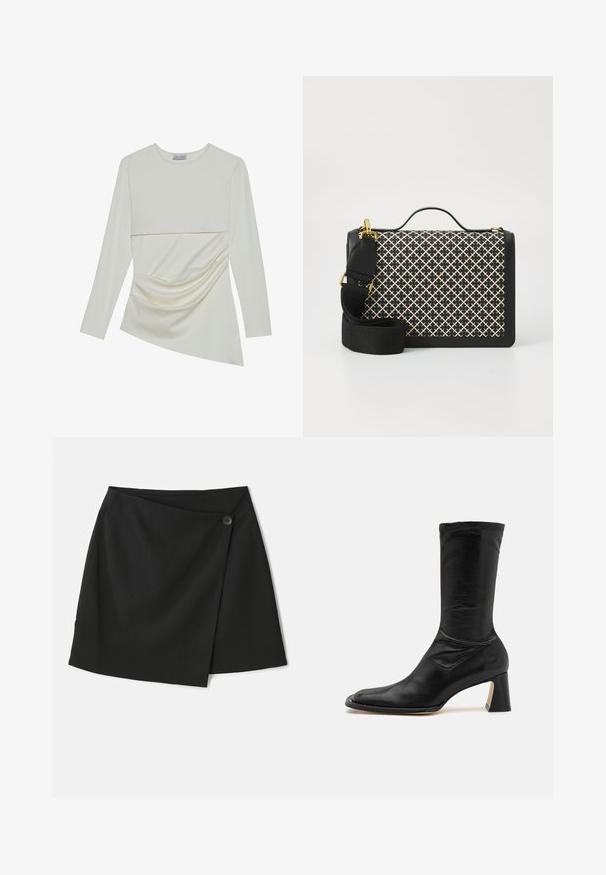 Haut crème à manches longues avec un col rond, présentant un design superposé et des détails plissés sur la partie inférieure. Tissu doux avec une texture lisse.; Jupe enveloppante noire avec une texture de tissu lisse, un design asymétrique et une fermeture par bouton sur le côté pour plus de détails.; Bottine en cuir noir avec tige ajustée, bout pointu et talon épais. Présente une texture lisse et un minimum de détails de couture.; Sac à main noir avec un motif tissé en crème. Doté d'une poignée supérieure, d'une bandoulière ajustable, de détails en or et d'une forme rectangulaire structurée.