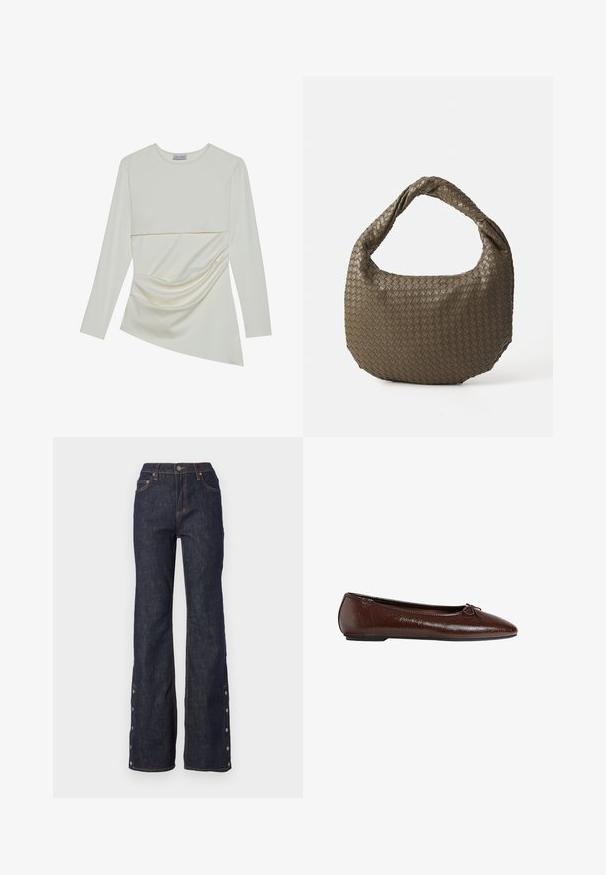 Långärmad krämfärgad topp med rund halsringning, med ett lagerdesign och sammanknipplat detalj på den nedre delen. Mjuk tyg med slät textur.; Mörka jeans med hög midja, utsvängda ben, kontrasterande orange sömmar och sidoknappar längs fållen för justerbar passform.; Bruna läderballetskor med en jämn yta, spetsig tå och en rosettdetalj framtill, med en låg svart gummisula.; Vävd olivgrön handväska med rund form och vriden handtag. Texturerad yta har ett diagonalt mönster. Dragkedjestängning.