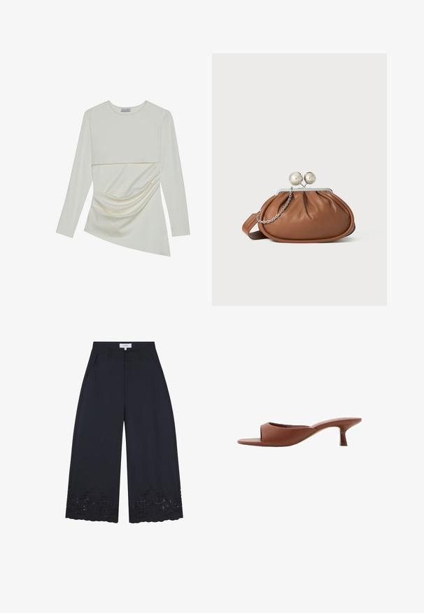 Camiseta de manga larga en color crema con un escote redondo, que presenta un diseño en capas y un detalle fruncido en la sección inferior. Tela suave con una textura lisa.; Pantalones de pernera ancha en tela azul marino, con bordados florales, detalles de encaje decorativo y bolsillos laterales para mayor detalle.; Mule de tacón abierto en color marrón con un acabado suave y mate, que presenta un diseño curvado y un tacón transparente y afilado.; Bolso de mano de cuero marrón con cierre de bola plateada y un pequeño detalle de cadena plateada sobre un fondo blanco.