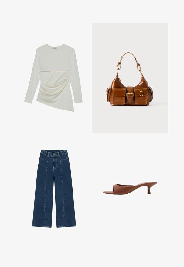 Long-sleeve cream top with a round neckline, featuring a layered design and gathered detail on the lower section. Soft fabric with a smooth texture.; Wide-leg denim jeans in a dark wash, featuring a high waist, front pockets, and a smooth texture. Stitching is slightly contrasting.; Brown open-toe heeled mules with a smooth, matte finish, featuring a curved design and a transparent, tapered heel.; Brown leather handbag with a curved shape, dual gold-tone hardware, two front pockets, and a wide strap. Smooth texture with a sleek finish.
