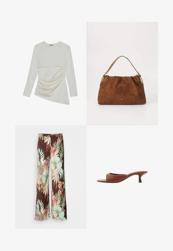 Camiseta de manga larga en color crema con un escote redondo, que presenta un diseño en capas y un detalle fruncido en la sección inferior. Tela suave con una textura lisa.; Pantalones de pierna ancha que presentan una tela marrón oscuro con un vibrante patrón floral y de hojas en tonos de verde, rojo y melocotón. Material suave y ligero.; Mule de tacón abierto en color marrón con un acabado suave y mate, que presenta un diseño curvado y un tacón transparente y afilado.; Bolso de ante marrón con un diseño fruncido, que cuenta con una sola correa de piel marrón y un sutil detalle del logo dorado en la parte frontal.