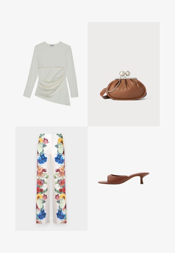 Maglia a maniche lunghe color crema con scollatura rotonda, caratterizzata da un design a strati e dettagli arricciati nella parte inferiore. Tessuto morbido con una trama liscia.; Alice + Olivia ANDREW BOOTCUT SLIM PANT - Pantaloni - off white; Mule con tacco aperto di colore marrone, con una finitura liscia e opaca, caratterizzate da un design curvo e un tacco trasparente e affusolato.; Pochette in pelle marrone con chiusura a sfera argentata e un piccolo dettaglio a catena argento su sfondo bianco.