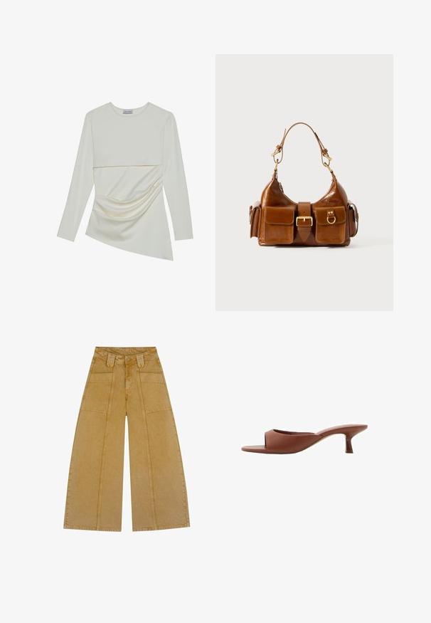 Langærmet bluse i cremefarve med en rund halsudskæring, der har et lagdelt design og rynkede detaljer i den nederste sektion. Blødt stof med en glat tekstur.; Bredde ben bukser i en lys sennepsfarve, lavet af denim med en glat tekstur. Har to frontlommer og en knaplukning.; Brune åbne tå hæle mules med en glat, mat finish, der har et buet design og en gennemsigtig, afsmalnende hæl.; Brun læder håndtaske med en buet form, dobbelt hardware i guldtoner, to frontlommer og en bred skulderrem. Glat tekstur med en elegant finish.