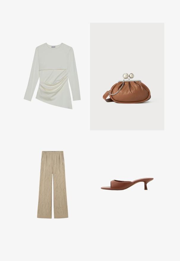 Långärmad krämfärgad topp med rund halsringning, med ett lagerdesign och sammanknipplat detalj på den nedre delen. Mjuk tyg med slät textur.; Beige vida byxor i slät tyg med ett vågigt silvrigt mönster och elastisk midja, med sidofickor.; Bruna öppna klackmules med en slät, matt yta, med en kurvad design och en genomskinlig, avsmalnande klack.; Brun läderhandväska med silverkulklämma och en liten silversked på vit bakgrund.