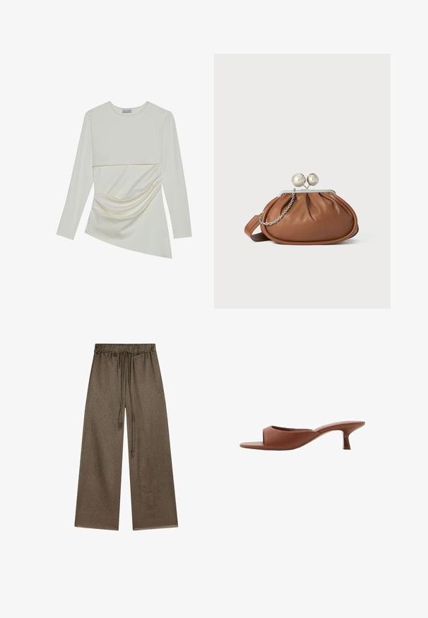 Tricou crem cu mânecă lungă, cu decolteu rotund, având un design stratificat și detalii pliate în partea inferioară. Material moale cu o textură netedă.; Pantaloni largi de culoare verde măslinie, confecționați dintr-o țesătură moale, texturată. Au un brâu elastic cu șnur și buzunare laterale.; Mule-uri cu toc deschis, de culoare maro, cu un finisaj neted și mat, având un design curbat și un toc transparent, conic.; Plic din piele maro cu închidere din bilă argintie și un mic detaliu cu lanț argintiu pe un fundal alb.