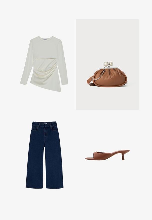 Kremowa bluzka z długim rękawem i okrągłym dekoltem, z warstwowym krojem i marszczonym detalem w dolnej części. Miękki materiał o gładkiej fakturze.; Scalpers - Jeansy Relaxed Fit; Brązowe klapki na obcasie z odsłoniętymi palcami, o gładkim, matowym wykończeniu, z zakrzywionym kształtem i przezroczystym, zwężającym się obcasem.; Brązowa skórzana kopertówka z srebrnym zapięciem w kształcie kuli oraz małym srebrnym łańcuszkiem na białym tle.