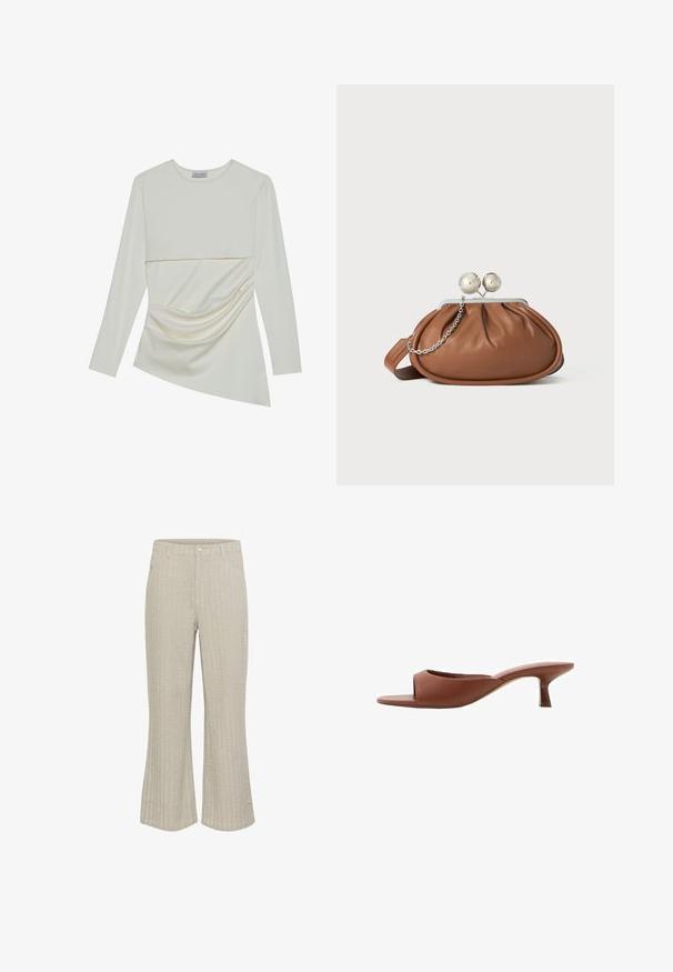Langærmet bluse i cremefarve med en rund halsudskæring, der har et lagdelt design og rynkede detaljer i den nederste sektion. Blødt stof med en glat tekstur.; Beige buede bukser med tekstureret ribmønster, der har en frontlukning med knap og lommer. Stoffet ser blødt ud med en let glans.; Brune åbne tå hæle mules med en glat, mat finish, der har et buet design og en gennemsigtig, afsmalnende hæl.; Brun læder clutch-pung med sølv kugleklap og en lille sølv kædedetalje på en hvid baggrund.