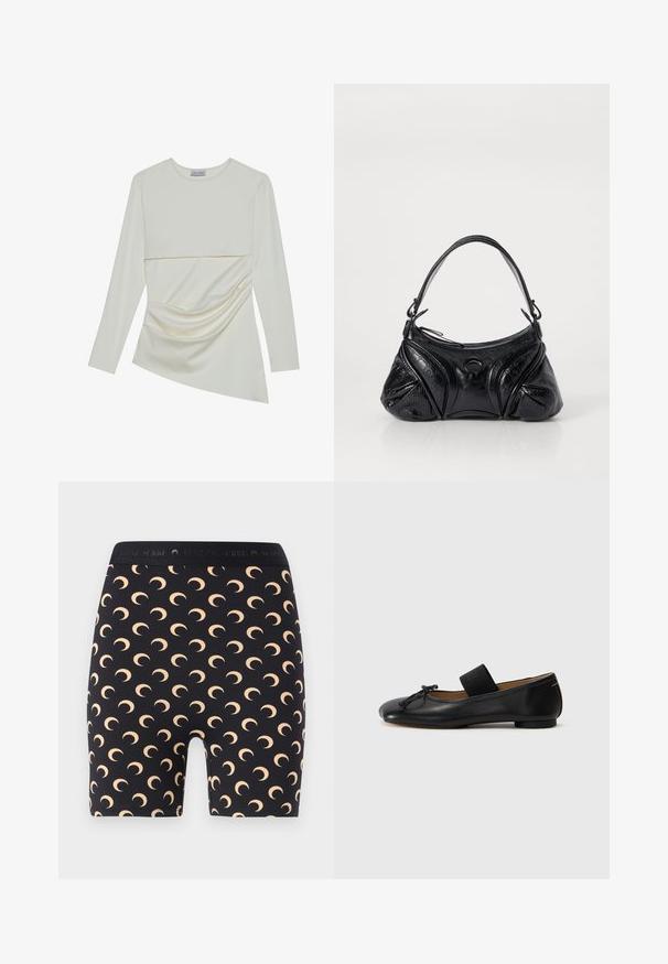 Ilgi piedurkņu krēma topiņš ar apaļu dekoltē, ar slāņainu dizainu un savāktu detaļu apakšējā daļā. Maigs audums ar gludu tekstūru.; MARINE SERRE MOON MINI - Šorti - inverse tan; Melnu ādas baleta kurpes ar noapaļotu purngalu, nelielu mezglu detaļu un elastīgu siksniņu pār pēdas augšpusi, lai nodrošinātu drošu fit. Plakana zole.; Melna soma, kas izgatavota no strukturētas ādas ar noapaļotu formu. Tajā ir plāna plecu siksna un dekoratīvi reljefi raksti.