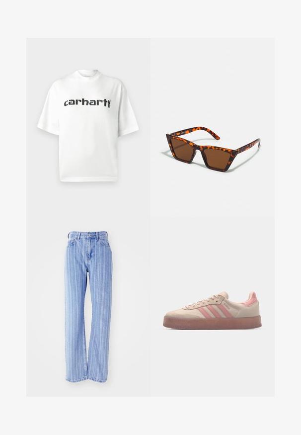 Valge puuvillane t-särk ümara kaelusega ja lühikeste varrukatega. Rinnal on must "carhartt" logo. Lihtne disain, mugav lõige.; Heledad sinine teksapüksid, millel on vertikaalsed valged triibud, kõrge talje, lõtv istuvus, viis taskut ja nööpidega sulgemine.; Beežist nahkkingad heledate roosa aktsentidega, tekstuuriga kummitald, ning kolm roosa triipu külgedel. Ümar nina ja nööridega disain.; pruunide toonidega päikeseprillid, millel on kilpkonnakujuline muster, nurgaine raam ja õhukesed käed. Kõrge kvaliteediga plastmaterjal.