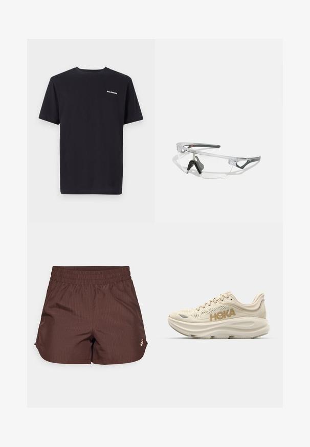 Melnā kokvilnas T-krekls. Klasiska apļa kakla dizains ar īsām piedurknēm. Uz krūtīm ir neliela baltā logo. Gluda tekstūra.; Brūni sporta šorti ar ribotu tekstūru, elastīgu jostu un nelielu gaismas krāsas logo detaļu apakšējā priekšējā pusē.; Gaiša beiga skriešanas apava ar sietveida augšdaļu, mīkstu apkaklīti, izteiksmīgu "HOKA" zeltītu logotipu un biezu, mīkstinātu zoli komfortam.; Skidras aizsargbrilles ar vieglu, caurspīdīgu rāmi un pelēkiem akcentiem. Iespējas ietver apvērsto dizainu un regulējamu deguna atbalstu.