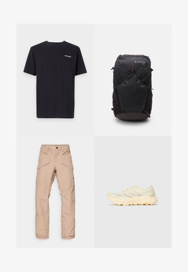 T-shirt negru din bumbac. Design clasic cu guler rotund și mâneci scurte. Prezintă un mic logo alb pe piept. Textură netedă.; Pantaloni cargo bej deschis dintr-un material rezistent la apă, cu multiple buzunare, genunchi întăriți și un zip la partea inferioară a piciorului pentru ajustabilitate.; Tenis sportiv de culoare bej deschis, cu partea superioară translucida, talpă groasă și ușor amortizată, șireturi laterale și logo-ul Vibram pe talpa exterioară.; Rucsac negru cu un logo triangular, capacitate de 26L, închidere cu fermoar, panou inferior texturat și accente roșii contrastante pentru un detaliu suplimentar.